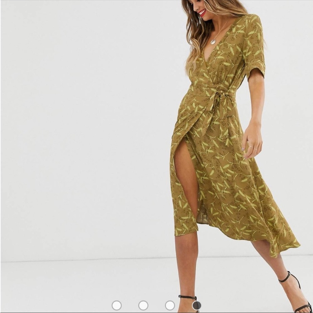 & Other Stories Floral Wheat Print MIDI Wrap Dress Mustard Size 2 Short Sleeve